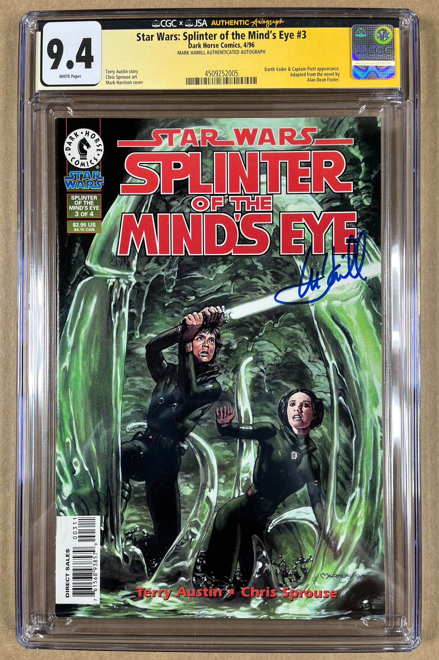 STAR WARS: SPLINTER OF THE MIND'S EYE #3 CGC x JSA AUTHENTIC AUTOGRAPH 9.4 - 1996 - SIGNED BY MARK HAMILL - DARK HORSE COMICS