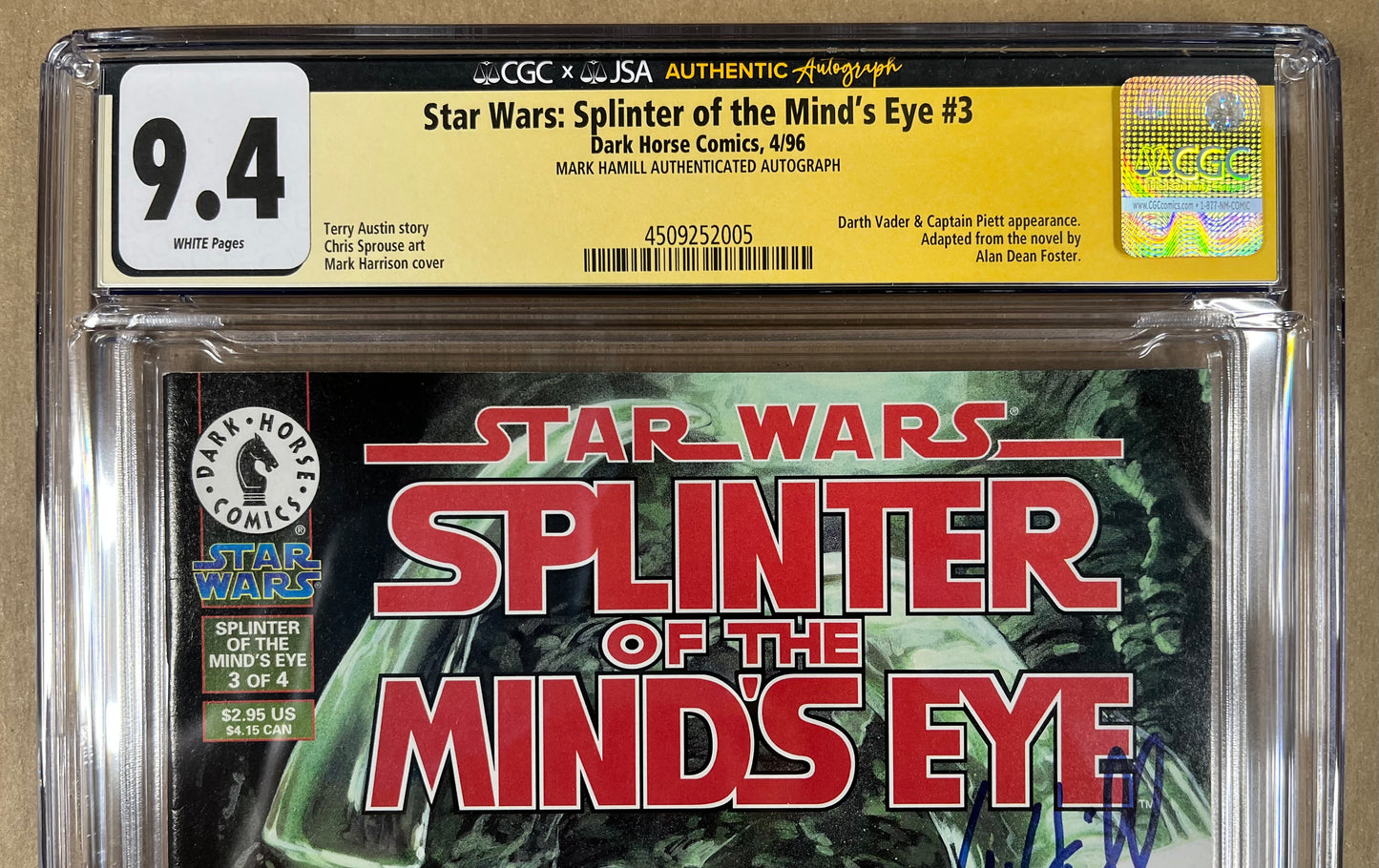 STAR WARS: SPLINTER OF THE MIND'S EYE #3 CGC x JSA AUTHENTIC AUTOGRAPH 9.4 - 1996 - SIGNED BY MARK HAMILL - DARK HORSE COMICS