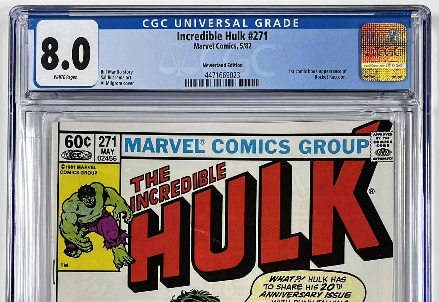 INCREDIBLE HULK #271 CGC 8.0 - 1982 - NEWSSTAND EDITION - 1ST APPEARANCE OF ROCKET RACCOON