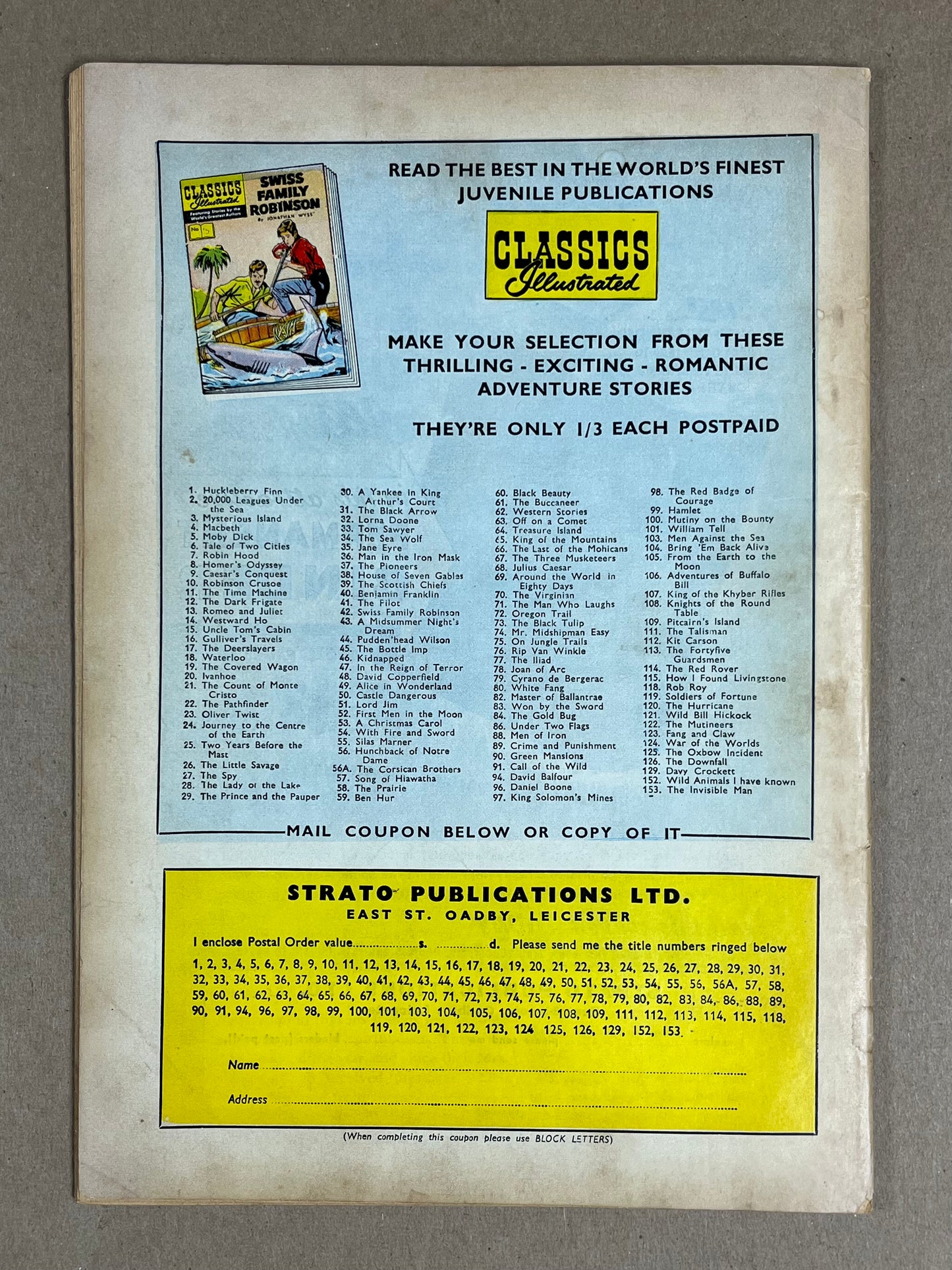 CLASSICS ILLUSTRATED #153 HRN 153 - UK EDITION - VG - INVISIBLE MAN - GILBERTON