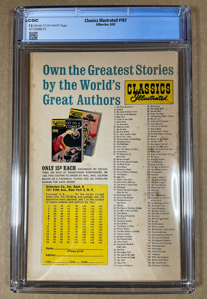 CLASSICS ILLUSTRATED #167 CGC 7.5 - 1962 - 1ST EDITION - GILBERTON - SILVER AGE