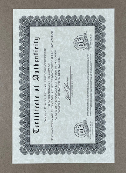 BATMAN/TEENAGE MUTANT NINJA TURTLES ADVENTURES #1 - 2016 - FN/VF - DYNAMIC FORCES EXCLUSIVE B&W VARIANT w/ KEN HAESER SKETCH & COA