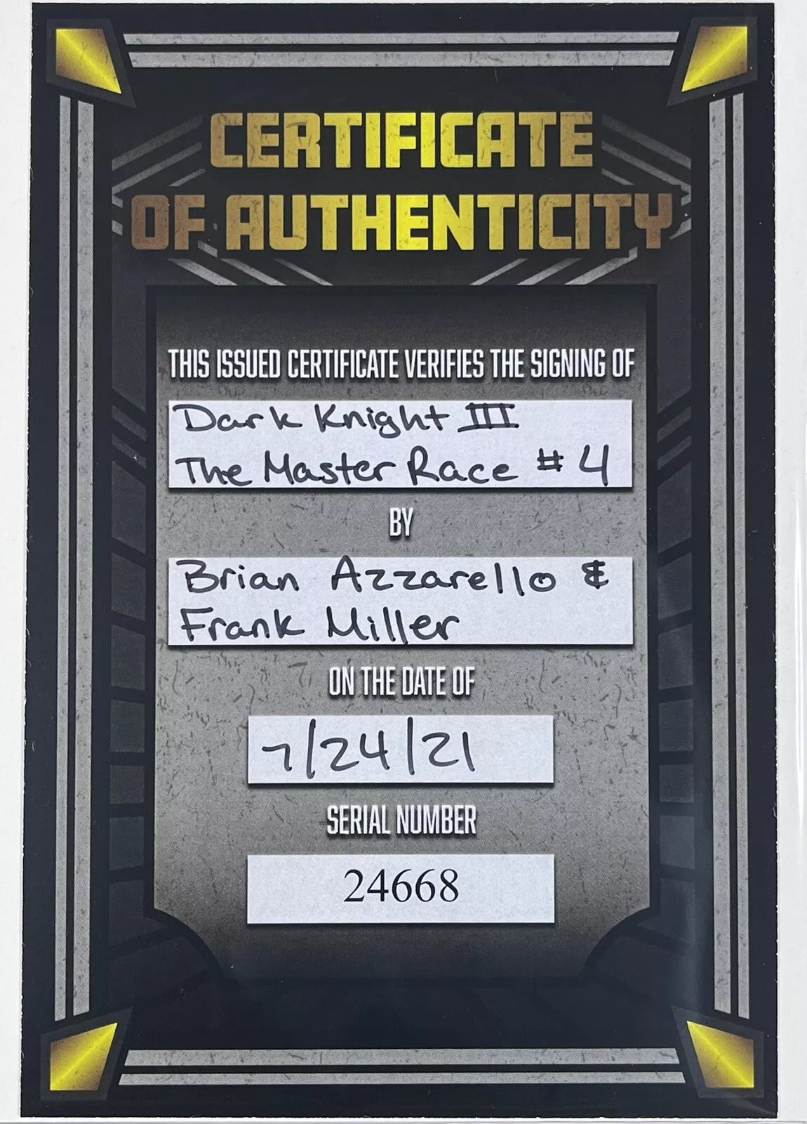 DARK KNIGHT III: THE MASTER RACE #4 - SIGNED BY FRANK MILLER & BRIAN AZZARELLO W/ COA - DC