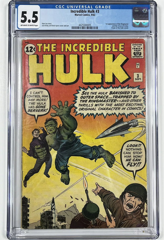 INCREDIBLE HULK #3 CGC 5.5 - 1962 - 1ST APPERANCE OF RINGMASTER - SILVER AGE