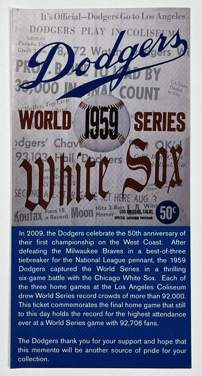 50TH ANNIVIVERSARY DODGERS 1ST CHAMPIONSHIP IN LA - WORLD SERIES 1959 - CERAMIC TICKET STUB - 2009